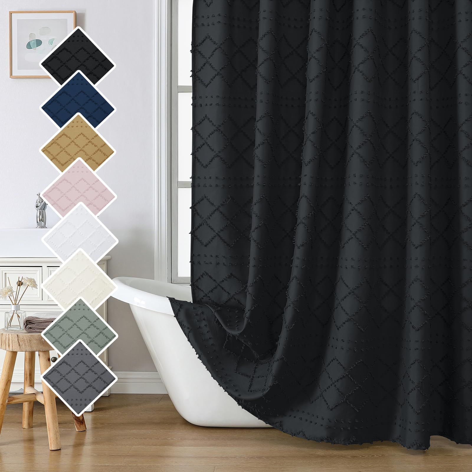 Lecloud Black Fabric Shower Curtain 72x72 Inches, Boho Tufted Plaid Striped Shower Curtain Set for Bathroom, Chic Textured Cloth Curtain for Hotel