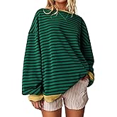UEU Women Oversized Striped Crewneck Sweatshirt Long Sleeve Color Block Pullover Tops Casual Loose Workout Shirt