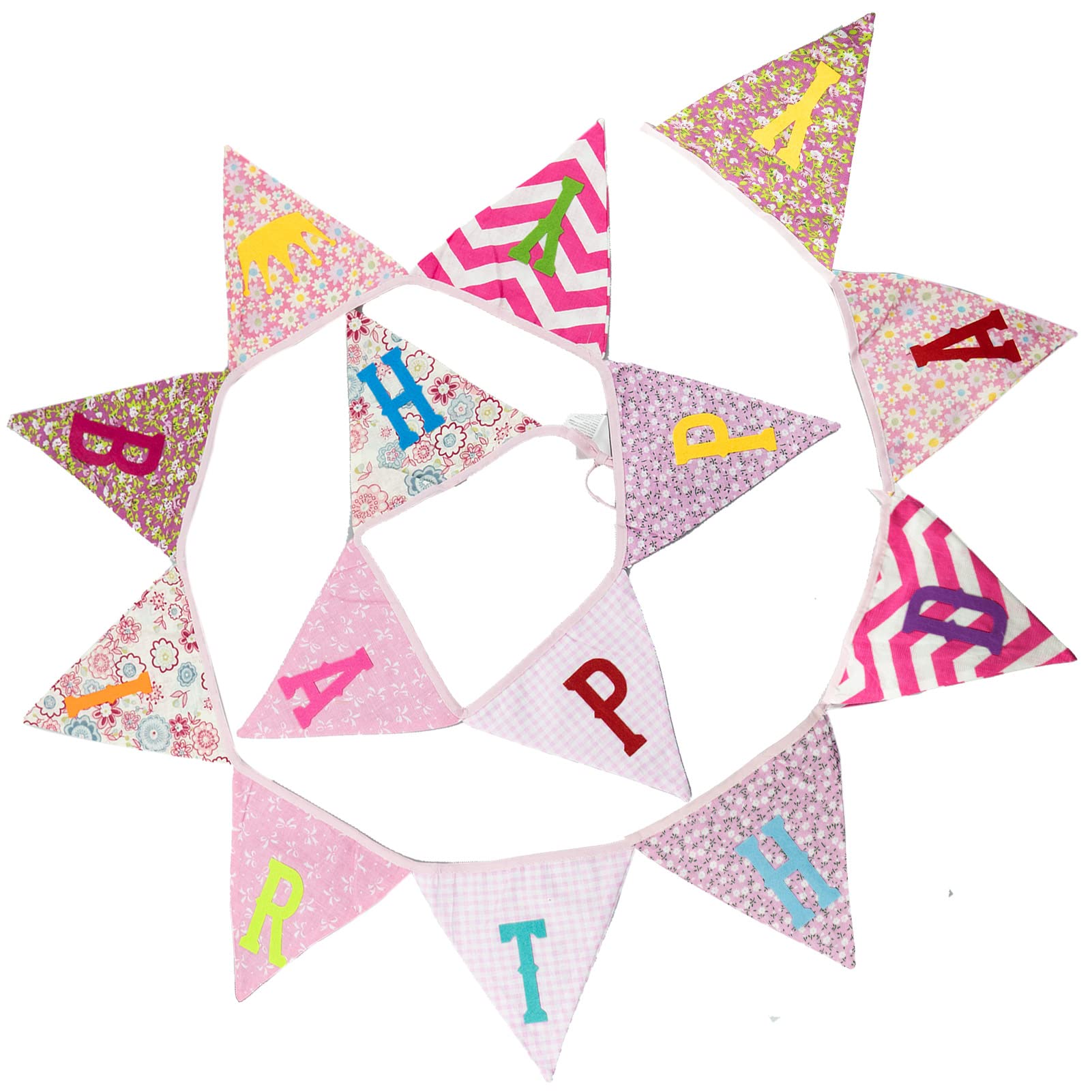 Happy Birthday Fabric Banner, 3.30M Double Sided Floral Triangle Bunting with 14PCS Floral Pennants for Brithday Party Bedroom Decorations