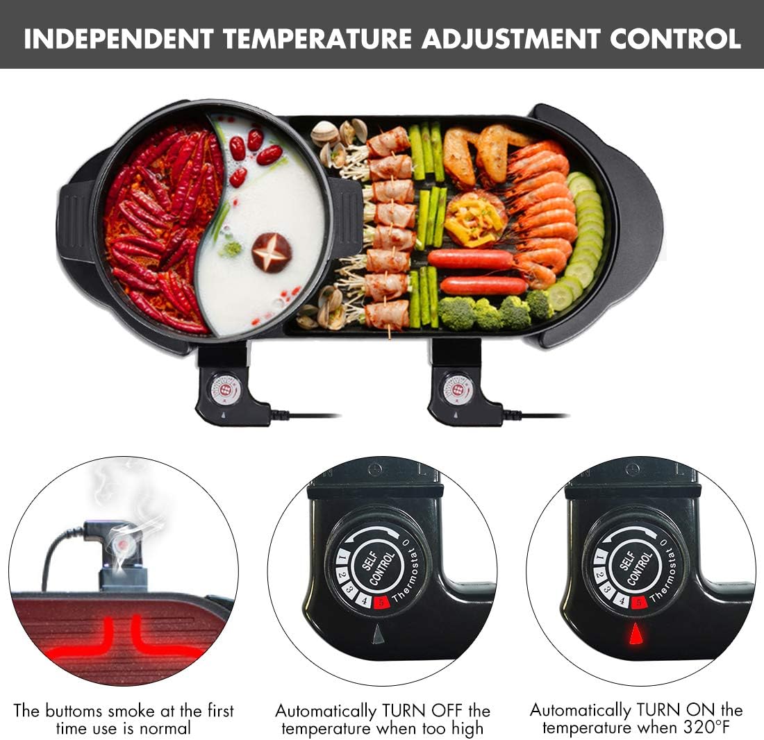 review CLORIS 2 in 1 Electric Barbecue Pan Grill and Hot Pot with BBQ Thermometer Set, Indoor and Ourdoor Barbecue Large Capacity Non-Stick Pan with 5 Temperature adjustments (Grill & Hot Pot)