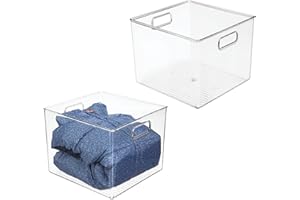mDesign Small Modern Plastic Storage Organizer Bin Basket with Handles for Home Closet Organization - Shelf, Cubby, Cabinet, and Cupboard Organizing Decor - Ligne Collection - 2 Pack - Clear