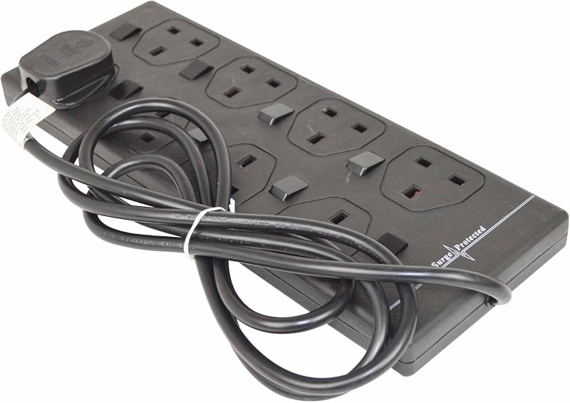 Status Black 8 Socket Extension Lead 2m Individually Switched Neon Indicator