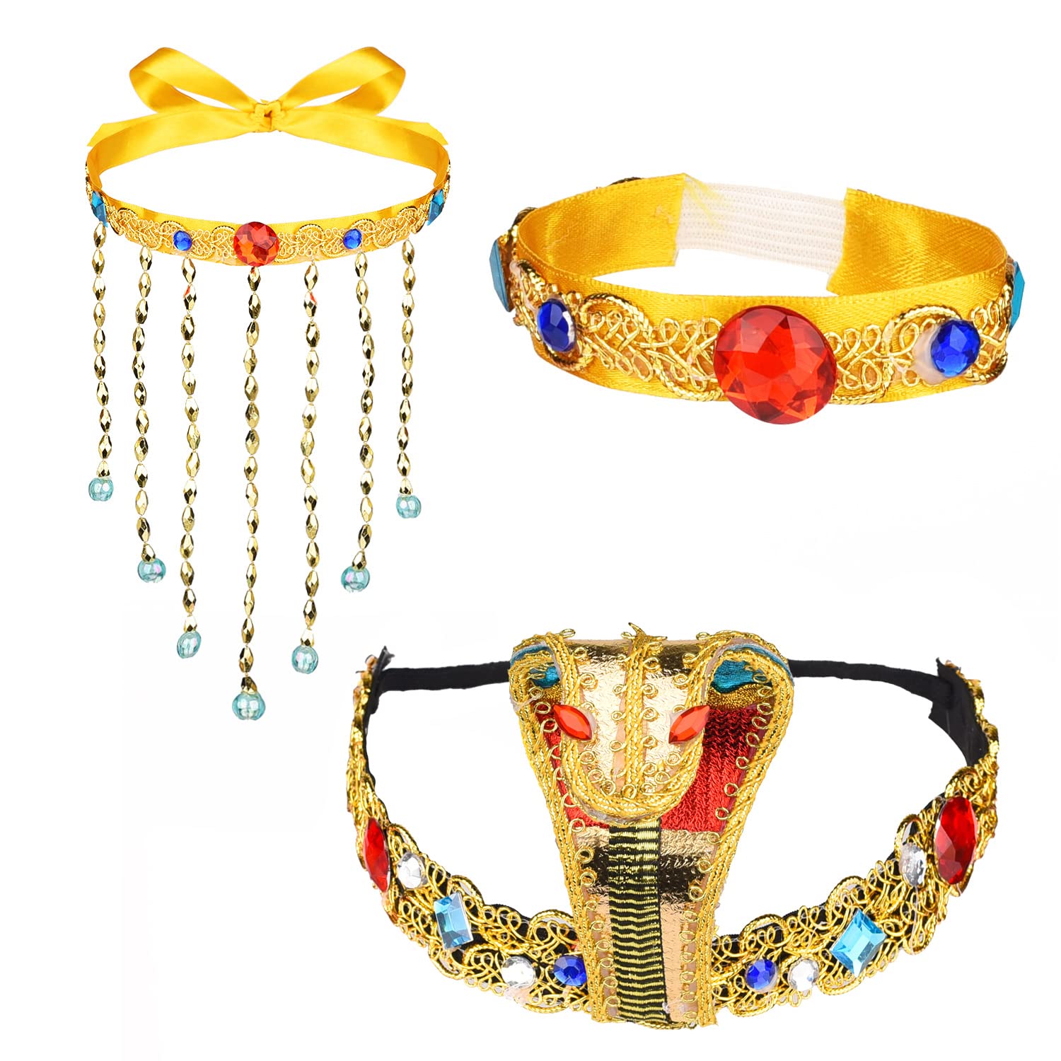 Lezevn 3 Pieces Egyptian Headpiece Egyptian Costume Accessories Set Tassel Necklace Crystal Gold Bracelet Halloween Costumes for Women and Girls