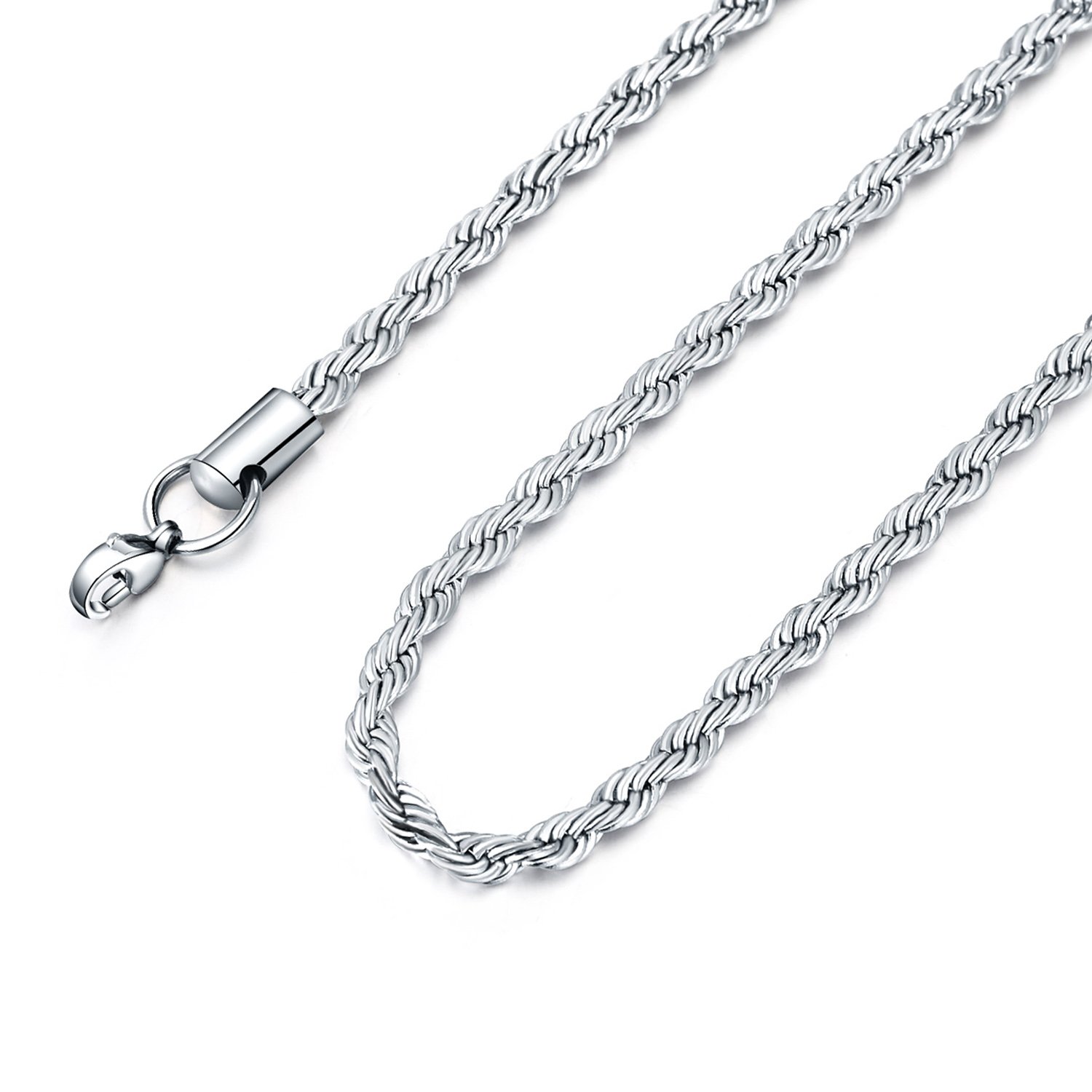 Kissyan Stainless Steel 2mm to 5mm Twist Rope Chain Necklace For Unisex Adult 16 to 32 Inch Option (3.0 mm-28 inch)