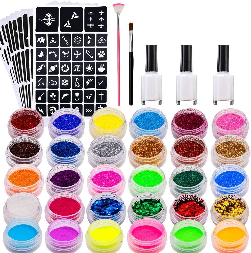 Glitter Tattoo Kit 30 Colors, Face Temporary Tattoo Body Nail Glitter for Girls Kids Adult, Festival tattoos with Colors of Glitter, Luminous Powder, Tattoo Stencil for Xmas Carnival Halloween Party