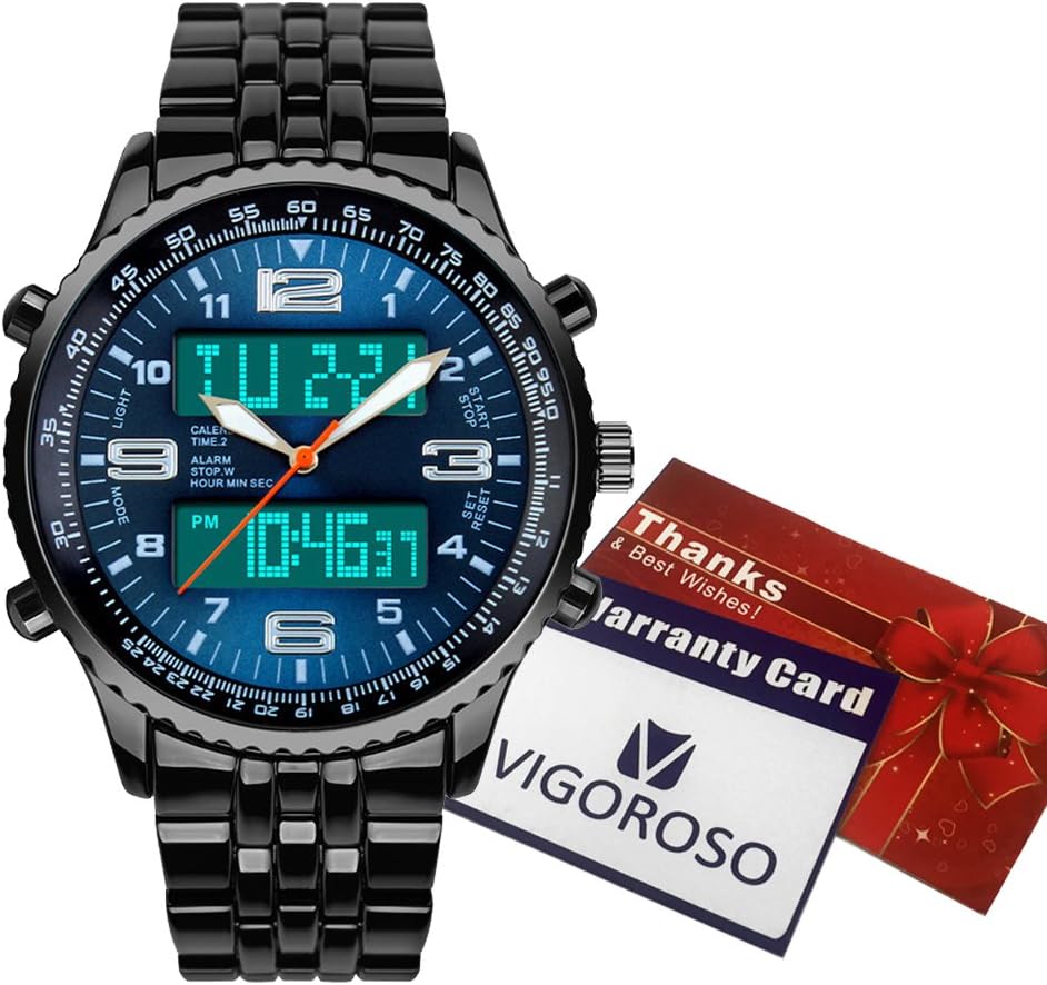 VIGOROSO Men's LED Analog Digital Date Week Sports Outdoor Steel Blue Dial Watch: Sports & Outdoors
