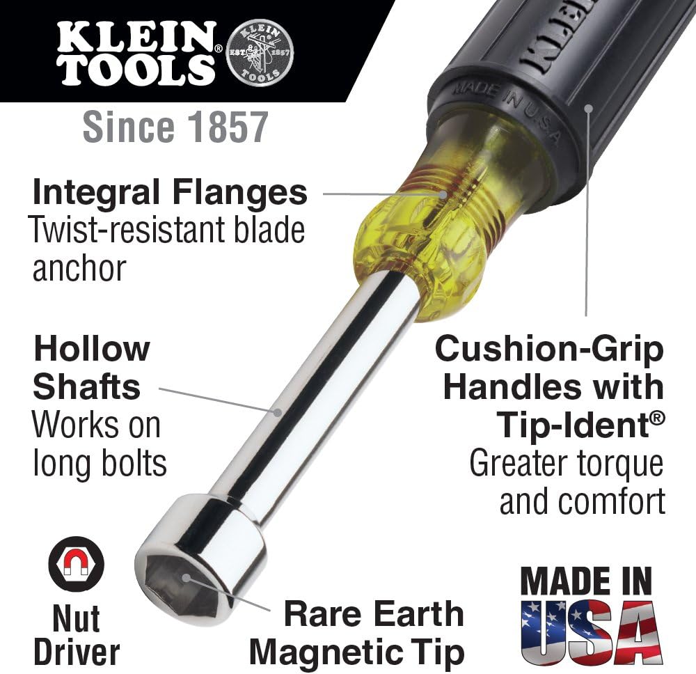 Klein Tools 647 Hollow Shaft Nut Driver Set with Chrome-Plated 6-Inch Shafts and Cushion Grip Handles - - 