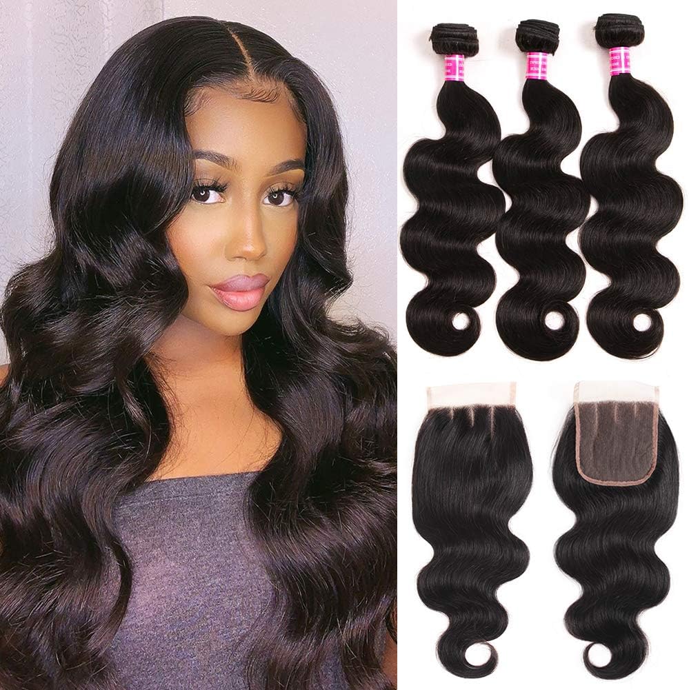 Mureen Brazilian Hair 3 Bundles with Closure Body Wave 4×4 Virgin Hair Lace Closure with Bundles Unprocessed Human Hair Extensions Weave Weft With Closure Natural Color (16 18 20 +14, Three Part)
