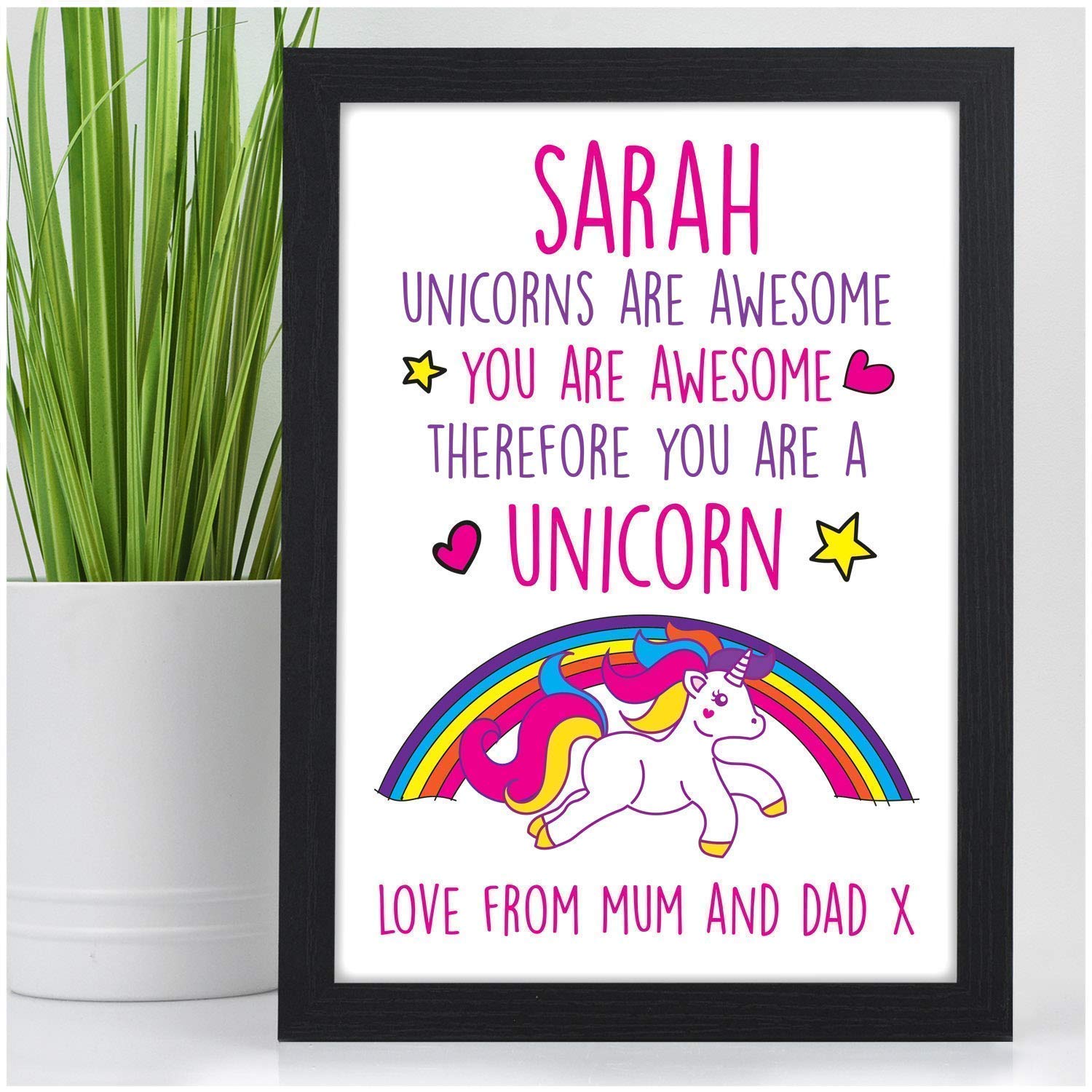 Unicorn Christmas Gifts Personalised Xmas Presents Daughter Girls Niece For Her Personalised With Any Name And Any Recipient Black Or White Framed A5 A4 A3 Prints Or 18mm Wooden Blocks