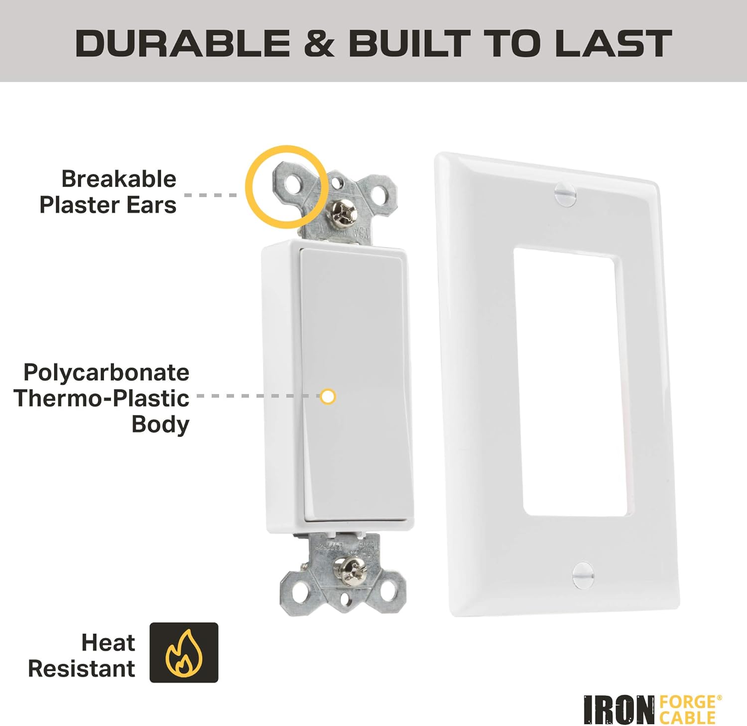 Rocker Light Switch with Wall Plate, 10 Pack, White - 3 Way Decorator Paddle Switch, Three Wire, Residential Grade, 15 Amp, 120/277V, UL Listed - - 