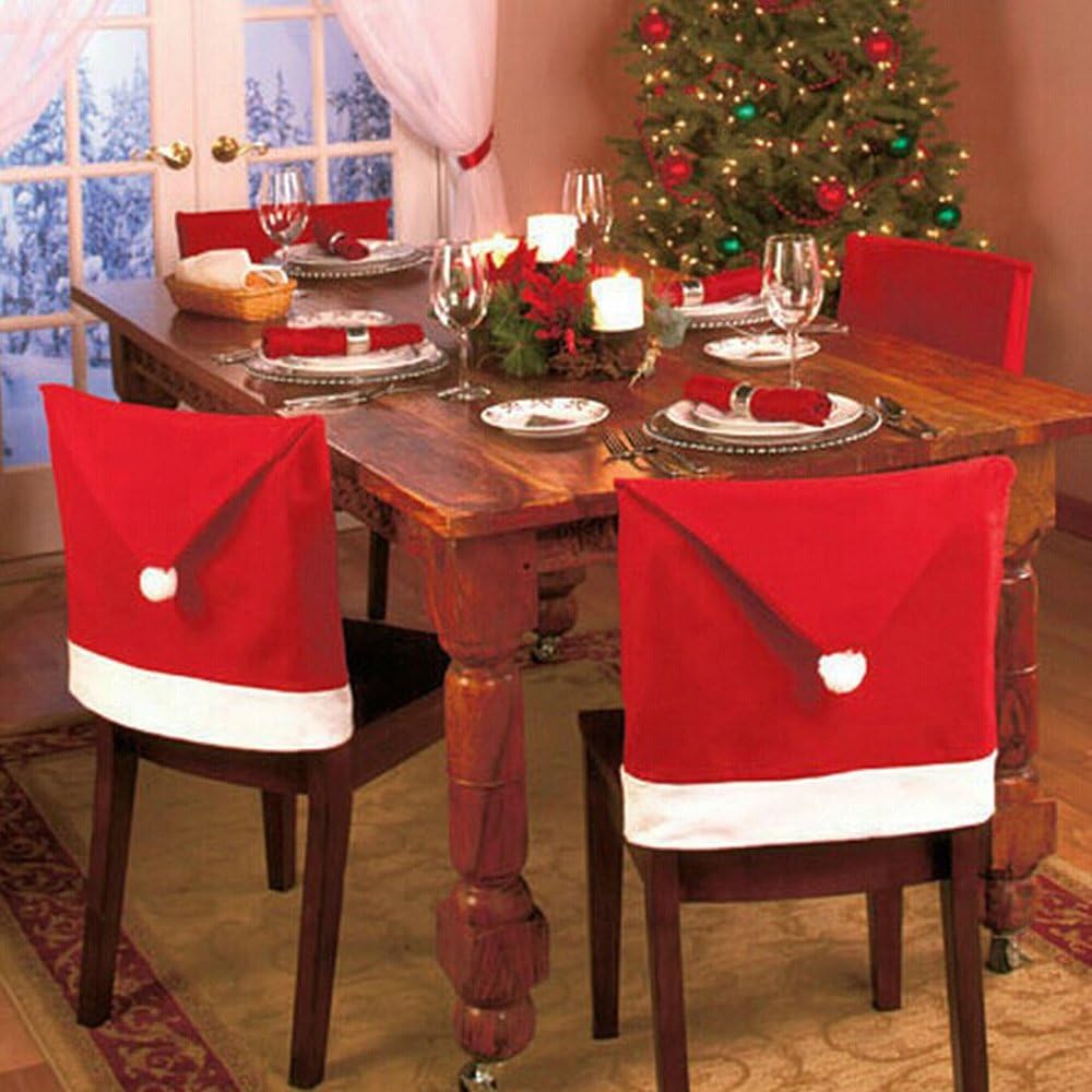 Christmas Theme Santa Red Colour Chair Snowflake Pom Short Back Fabric Covers Festive Xmas Dining Decoration, 50cm x 70cm, 4pcs, Felt - Image 4