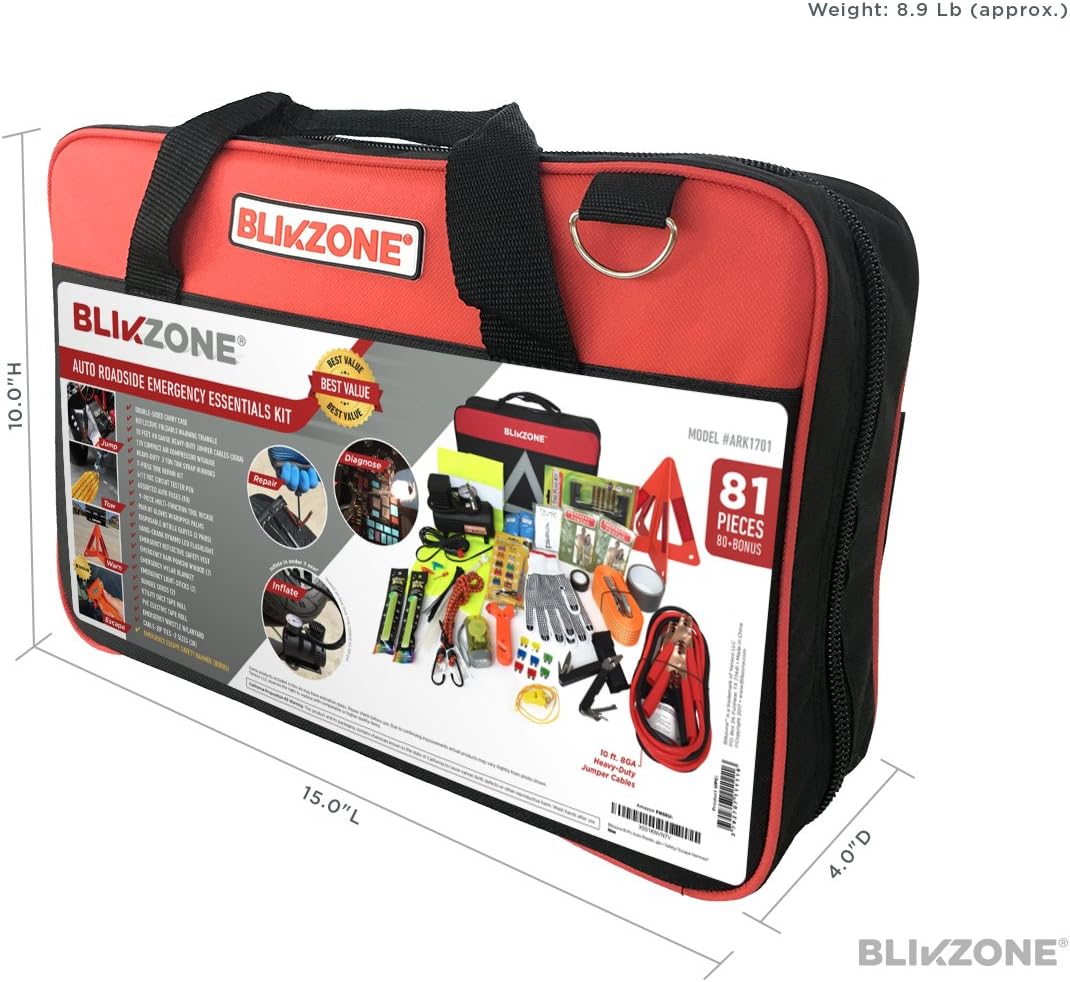 BLIKZONE Auto Roadside Assistance Car Kit Classic 81 Pc for Vehicle Emergency: Portable Air Compressor, Jumper Cables, Tire Repair Kit and All The Essential Tools, Accessories and Stuff to Drive Safe: Automotive