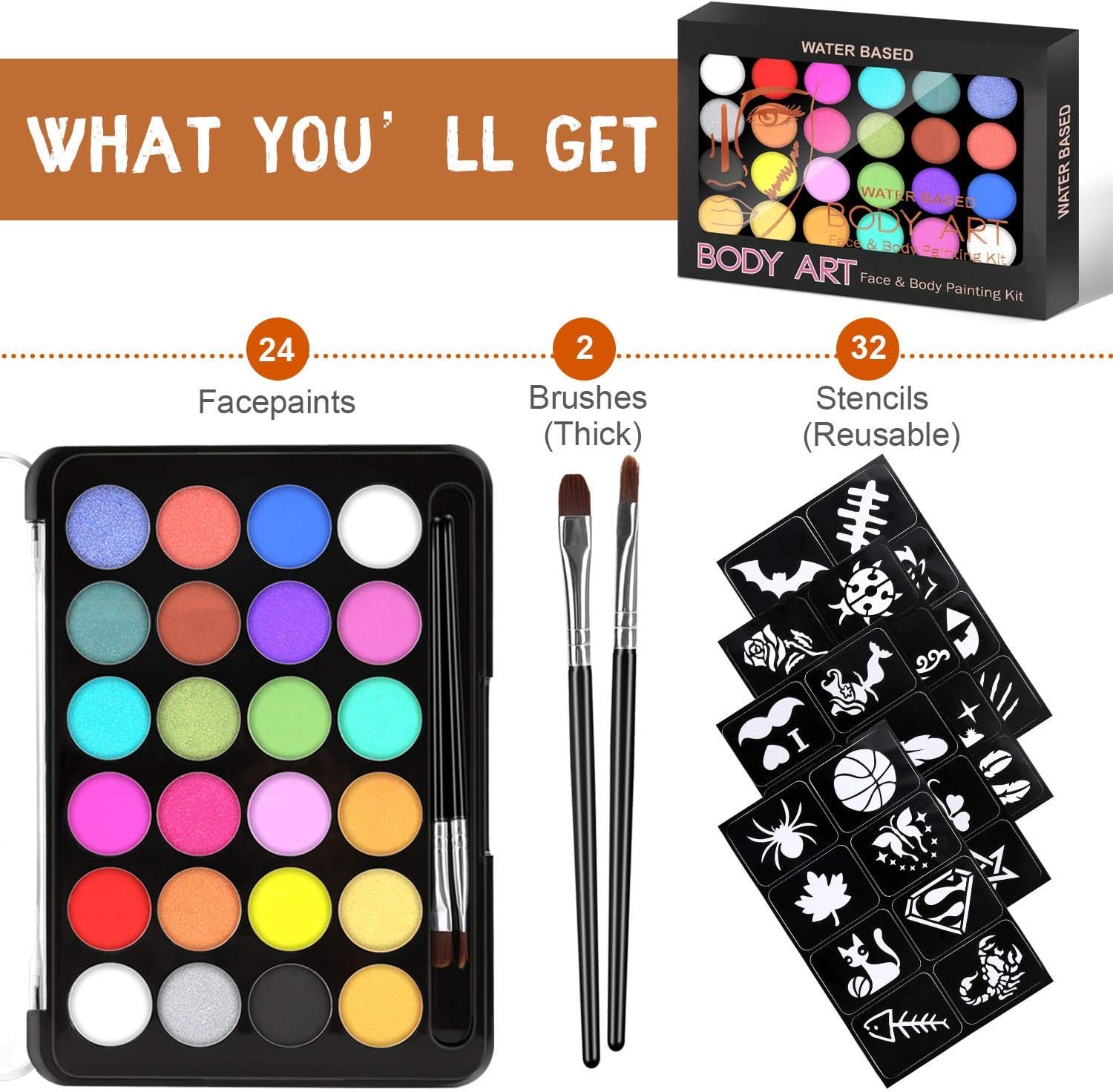 RIOGOO Face Paint Kit for Kids, 32 Stencils, 24 Large Water Based Paints, 2 Brushes, Professional Quality Face & Body Paint - Image 3