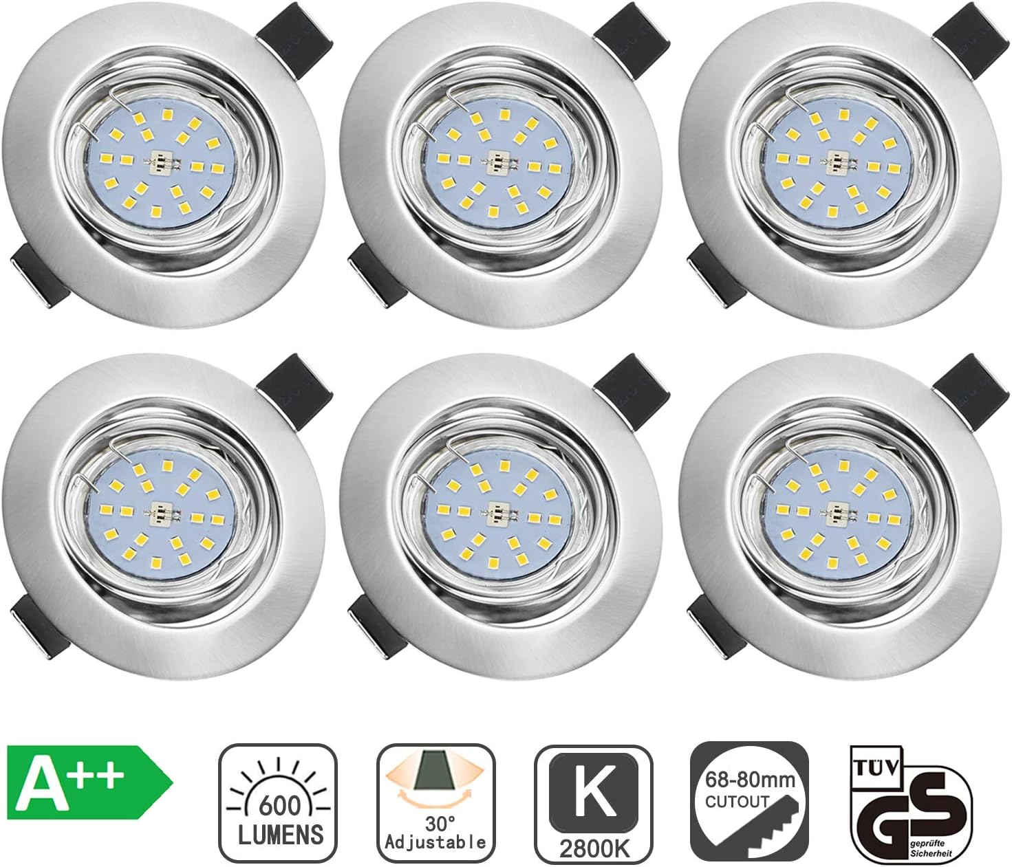 Bojim 6 x Faretti LED da incasso per cartongesso orientabile GU10, luce calda 2800K 6W Pari a Bojim 6 x Faretti LED da incasso per cartongesso orientabile GU10, luce calda 2800K 6W Pari a