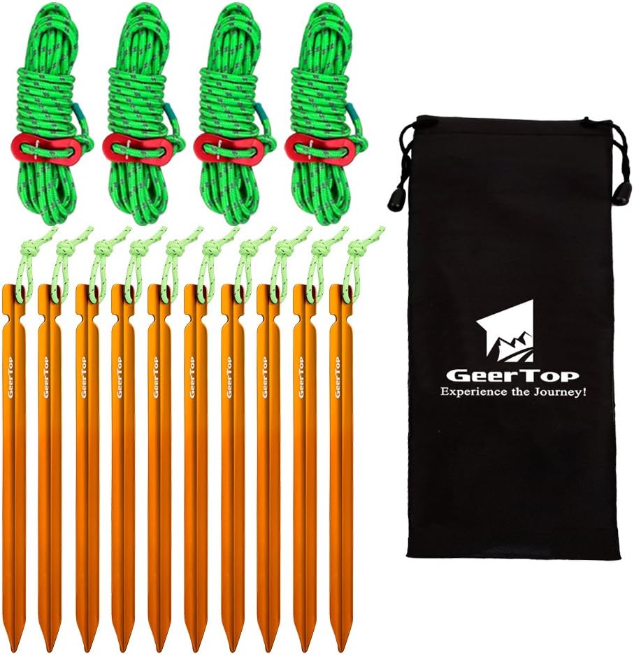 Geertop 10 Pack Aluminum Camping Tent Stakes and Rope & 4 Pack 4mm