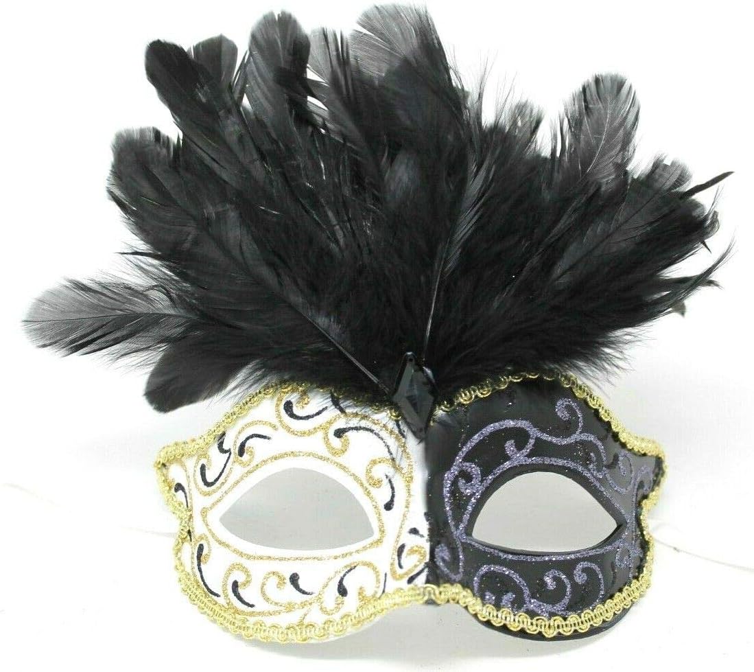 BLACK IVORY & GOLD VENETIAN MASQUERADE PARTY EYE MASK WITH LONG FEATHERS, 7cm Deep Exc Feathers - Image 4