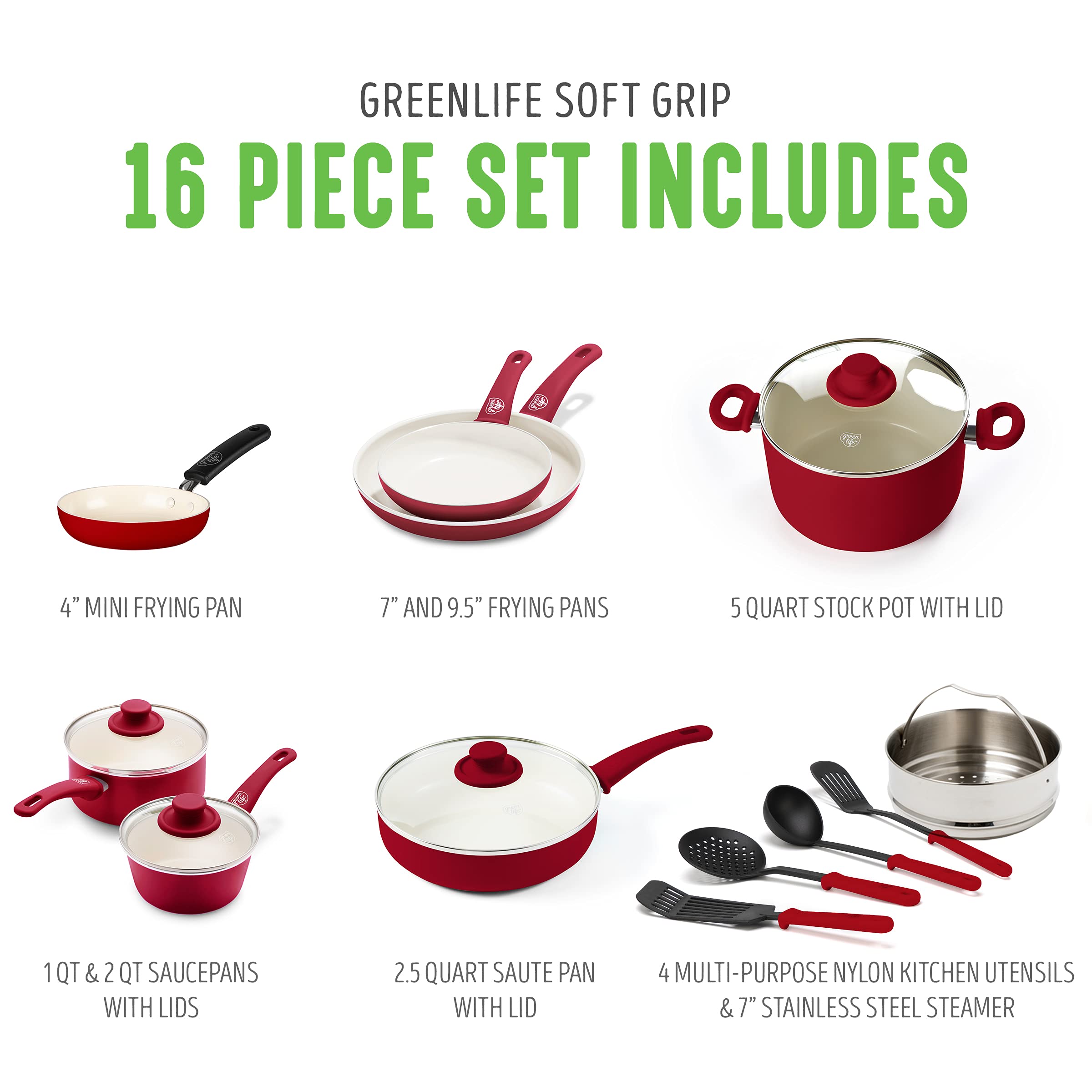 Greenlife 14 Piece Nonstick Ceramic Cookware Set with Soft Grip , burgendy