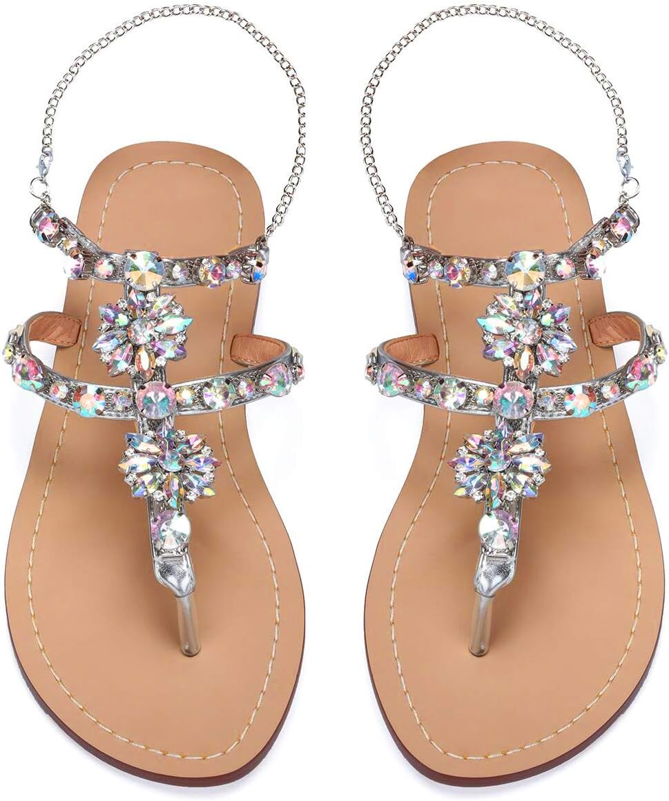 azmodoWomen Bedazzled Bling Rhinestones Chains Thong Boho Beach Flat Bridal Crystal Gems Gladiator Summer Jewel Sandals for Wedding