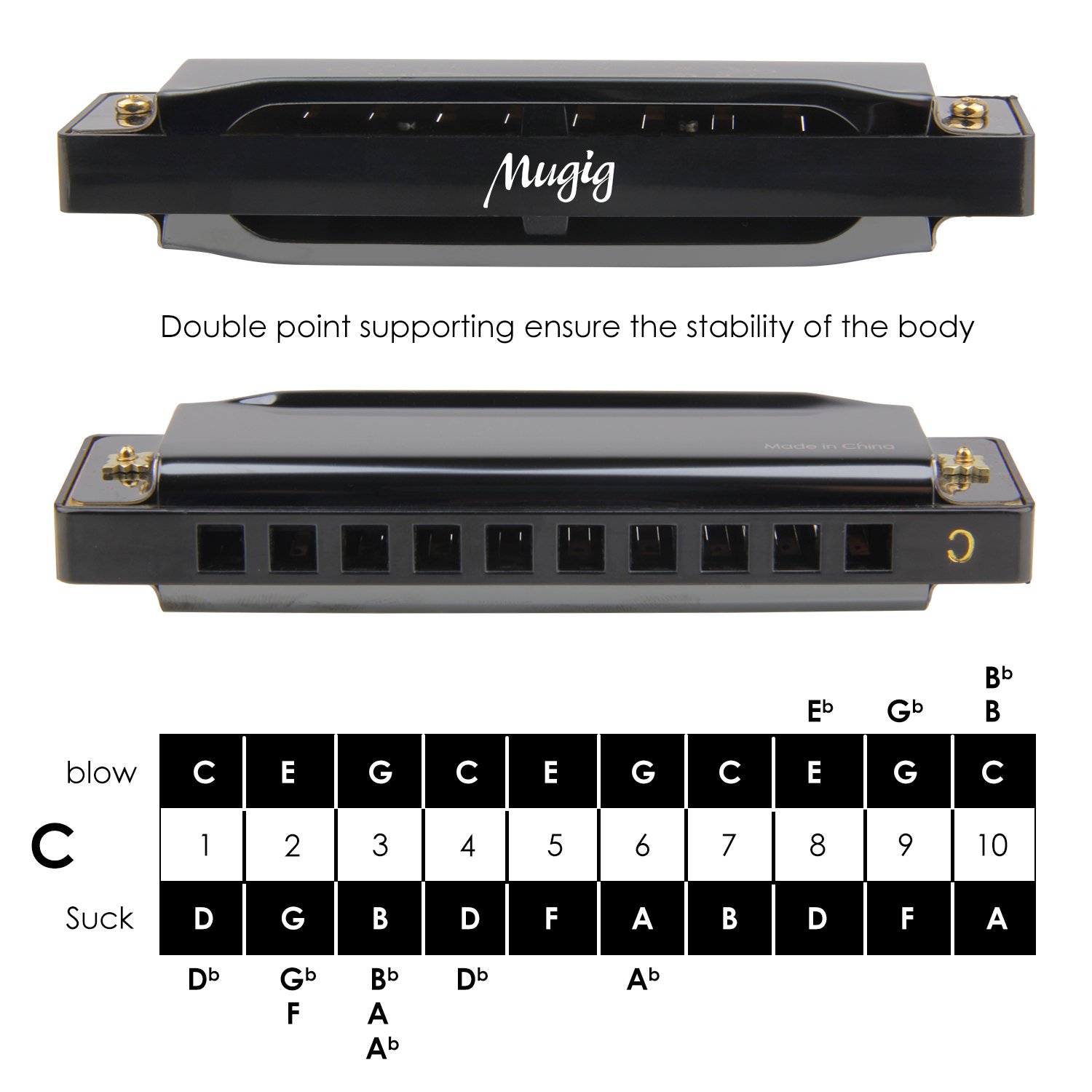 Mugig Harmonica Blues en Do 10 Trous Chrome avec Etui, Frettes en Bronze Phosphoreux, Facile à Nettoyer et Entretenir, pour Les Débudants et Enfants