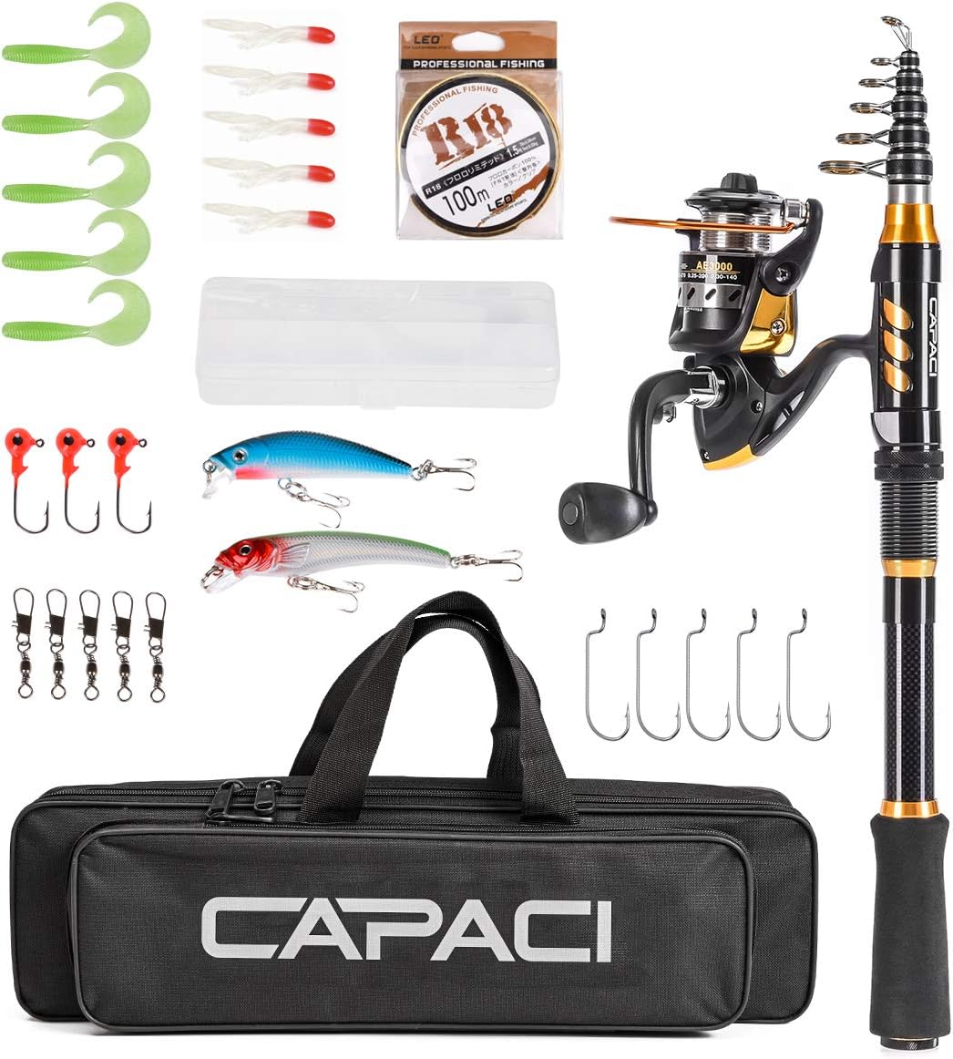 CAPACI Portable Telescopic Fishing Rod and Reel Combos Carbon Fiber Fishing Pole with Full Kits Carrier Bag for Travel Saltwater Freshwater
