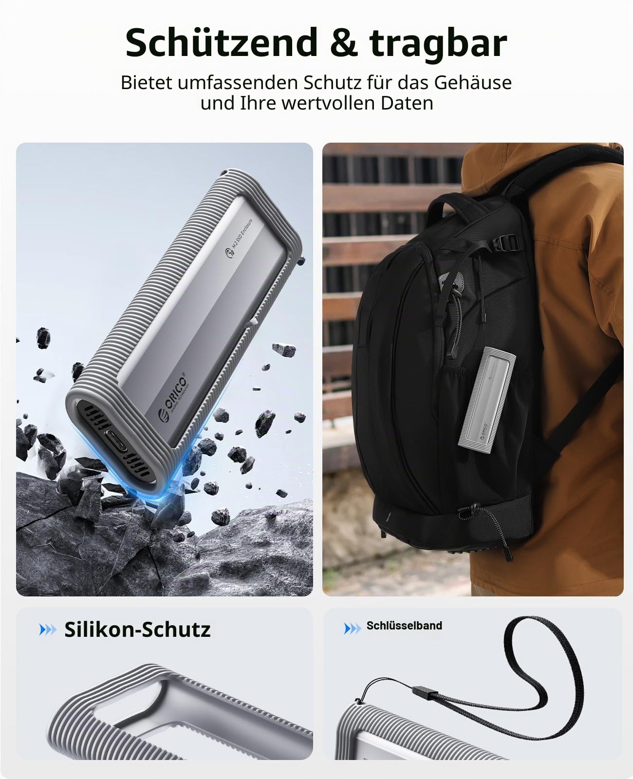 ORICO M.2 NVMe Gehäuse Werkzeugfreies, USB 3.2 10Gbps M2 SSD Gehäuse mit Silikon-Schutzhülle & Schlüsselband, Aluminium NVMe USB Adapter für NVMe PCIe M-Key SSD in 2230/2242/2260/2280-AXM2 3
