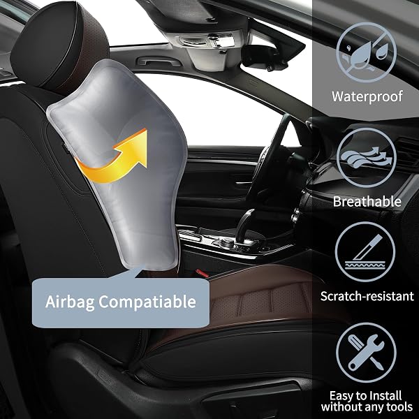 COVER EMPIRE FRONT CAR SEAT COVERS, 2PCS UNIVERSAL LEATHER CAR SEAT COVERS, FULL COVERAGE WATERPROOF AUTOMOTIVE SEAT COVERS, BREATHABLE CAR SEAT PROTECTOR FOR MOST TRUCKS SUVS SEDANS, BLACK&BROWN