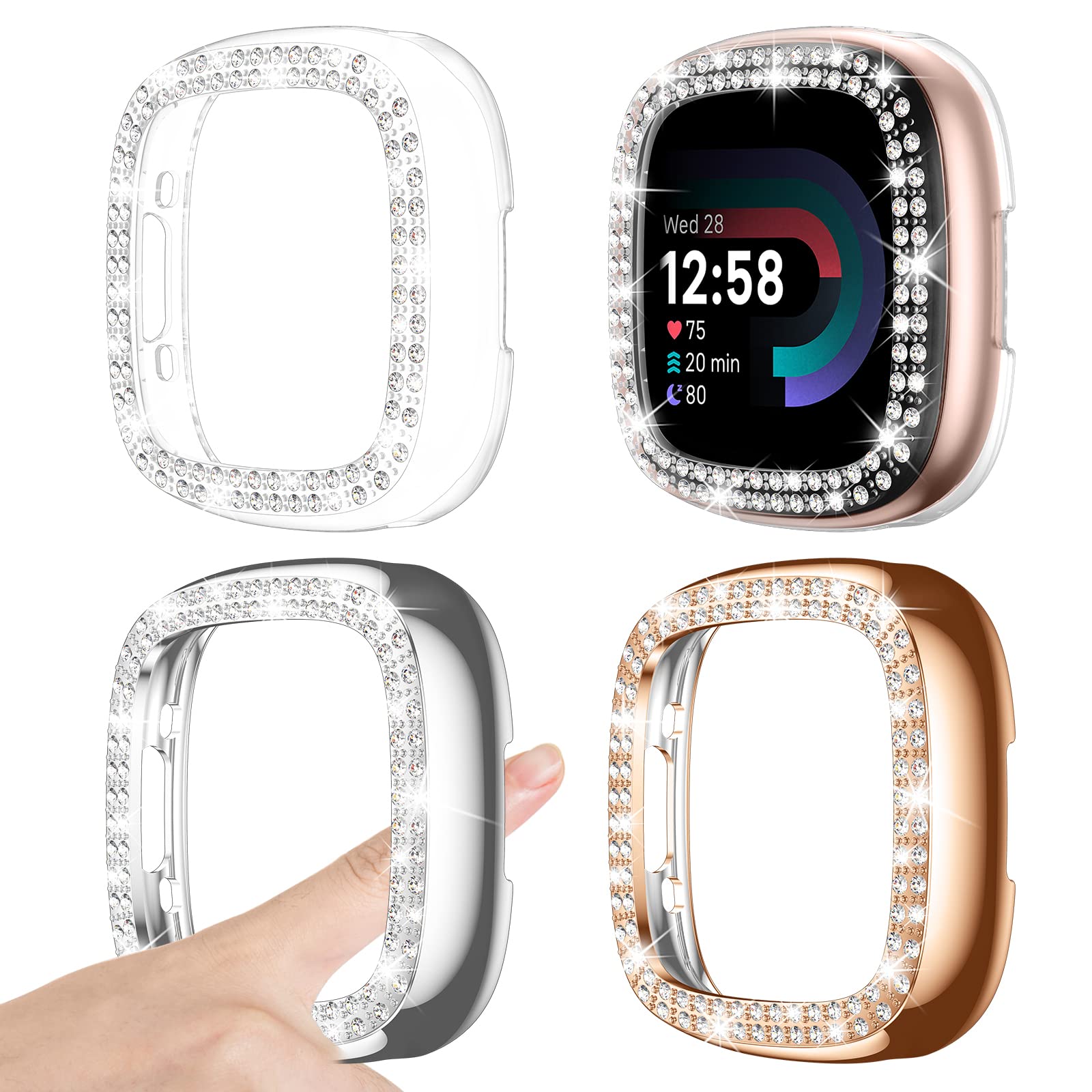 [3Pack] Kamita Bling Case for with Fitbit Versa 4/Sense 2, Shockproof Hard PC Watch Bumper Protector Cover Ultra Thin Glitter Protective Case for Versa4/Sense2 Accessories(Clear+Sliver+Rose gold)