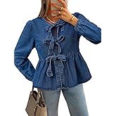 Tankaneo Womens Denim Tie Front Tops Babydoll Peplum Cute Blouse Puff Long Sleeve Going Out Jean Shirts