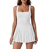 QINSEN Womens Square Neck Tennis Dress Pleated Sleeveless Built in Shorts Golf Athletic Dress with Pockets