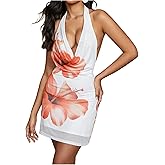 Milumia Women's Floral Mesh Draped Halter Mini Dress Sexy Deep V Neck Backless Short Dress