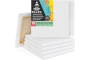 ARTEZA Stretched Canvas, 8 x 8 Inches, Pack of 12, Blank White Square Canvas for Painting for Acrylic, Oil and Gouache Paints