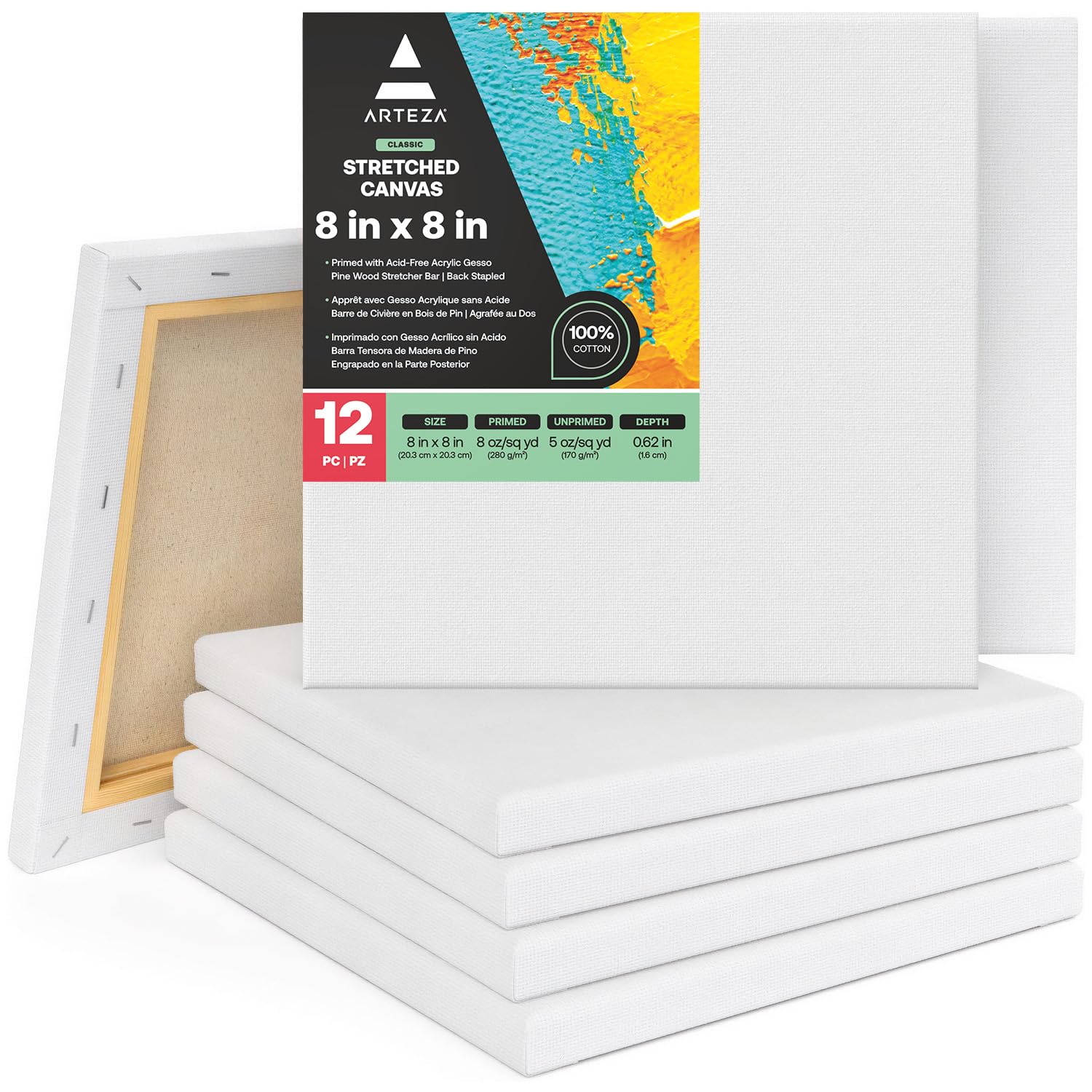 Arteza 20 x 20 cm (8"x8") Stretched Blank Square Canvas, Pack of 12, Primed 100% Cotton, for Painting, Acrylic Pouring, Oil Paint & Wet Art Media, Art Supplies for Artist, Hobby Painters & Beginner