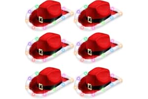 Chuarry 6 Pieces Light Up Santa Claus Cowboy Hats Set, LED Christmas Cowgirl Hat, Red and White Cowboy Hats