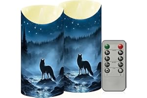 ZRYSMY Moon Wolf Forest Flameless LED Candles with Remote and Timer - 5.9”x3”, 2 Pack, Battery-Operated Flickering Pillar Can