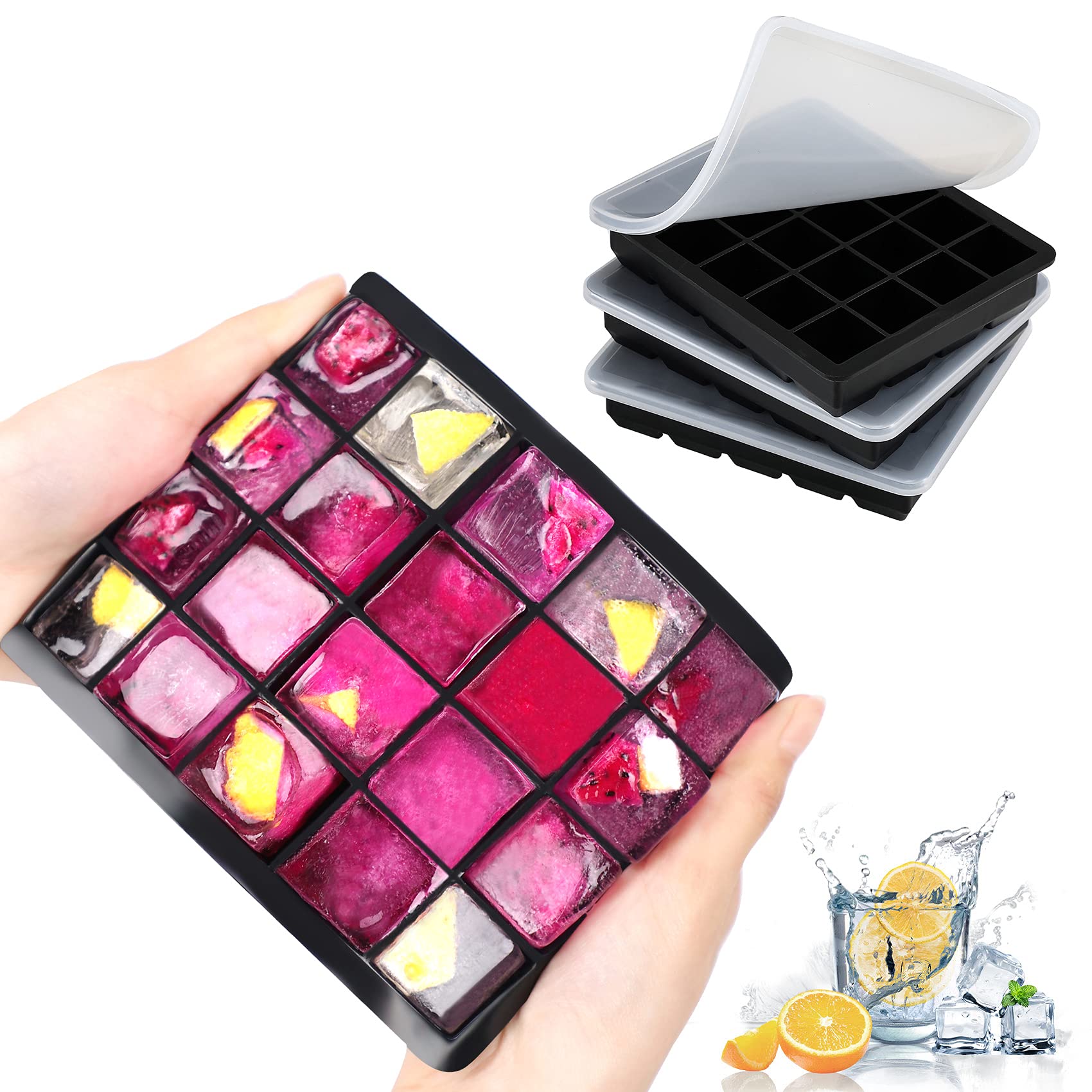 LessMo 3-Pack Ice Cube Trays, Ice Cubes Molds Silicone 20 Cavities with Spill-Resistant Removable Lid, Ideal for Whiskey, Cocktails and Wine, Stackable and BPA Free