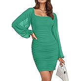 Buauty Bauty Women's Mesh Long Sleeve Square Neck Ruched Party Club Cocktail Bodycon Short Tight Mini Dress