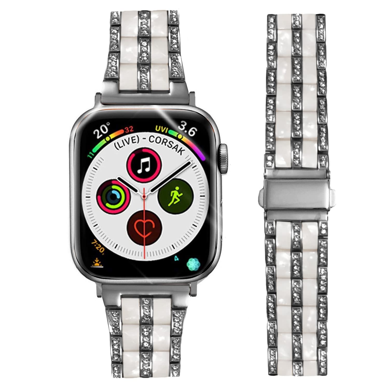 DEALELE Strap Compatible with iWatch 42mm 44mm 45mm 49mm, Luxury Resin Rhinestone Metal Replacement Bands for Apple Watch Series 9/8 / 7/6 / 5/4 / 3 / SE/Ultra Women Men (Black-White)