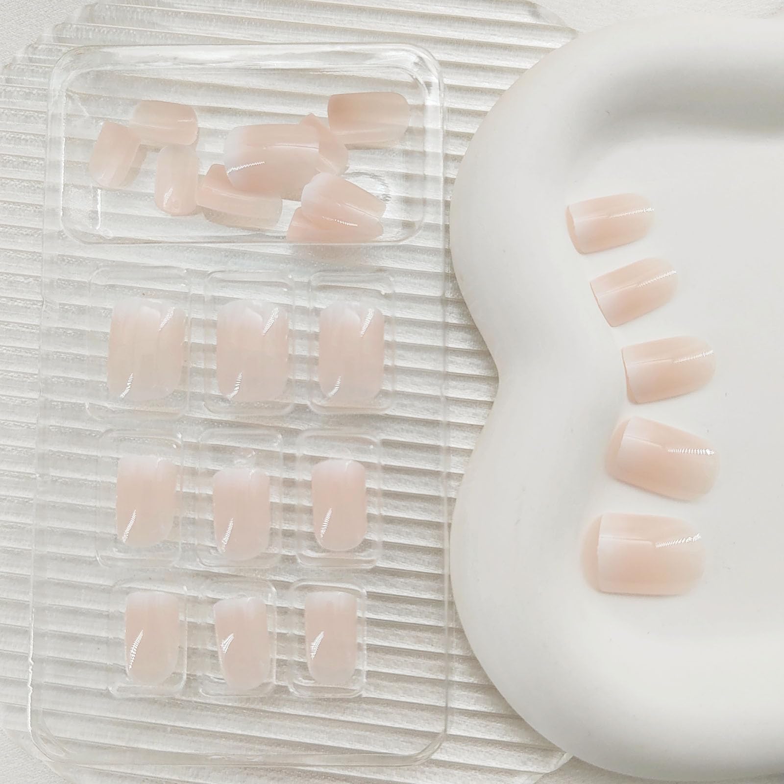 Extra Short Press on Nails Square Nude Ombre Fake Nails Press ons White Glue Stick on Nails with Designs Full Cover Acrylic Glossy Artificial Cute False Nail for Women Girls 24 Pcs - Image 3