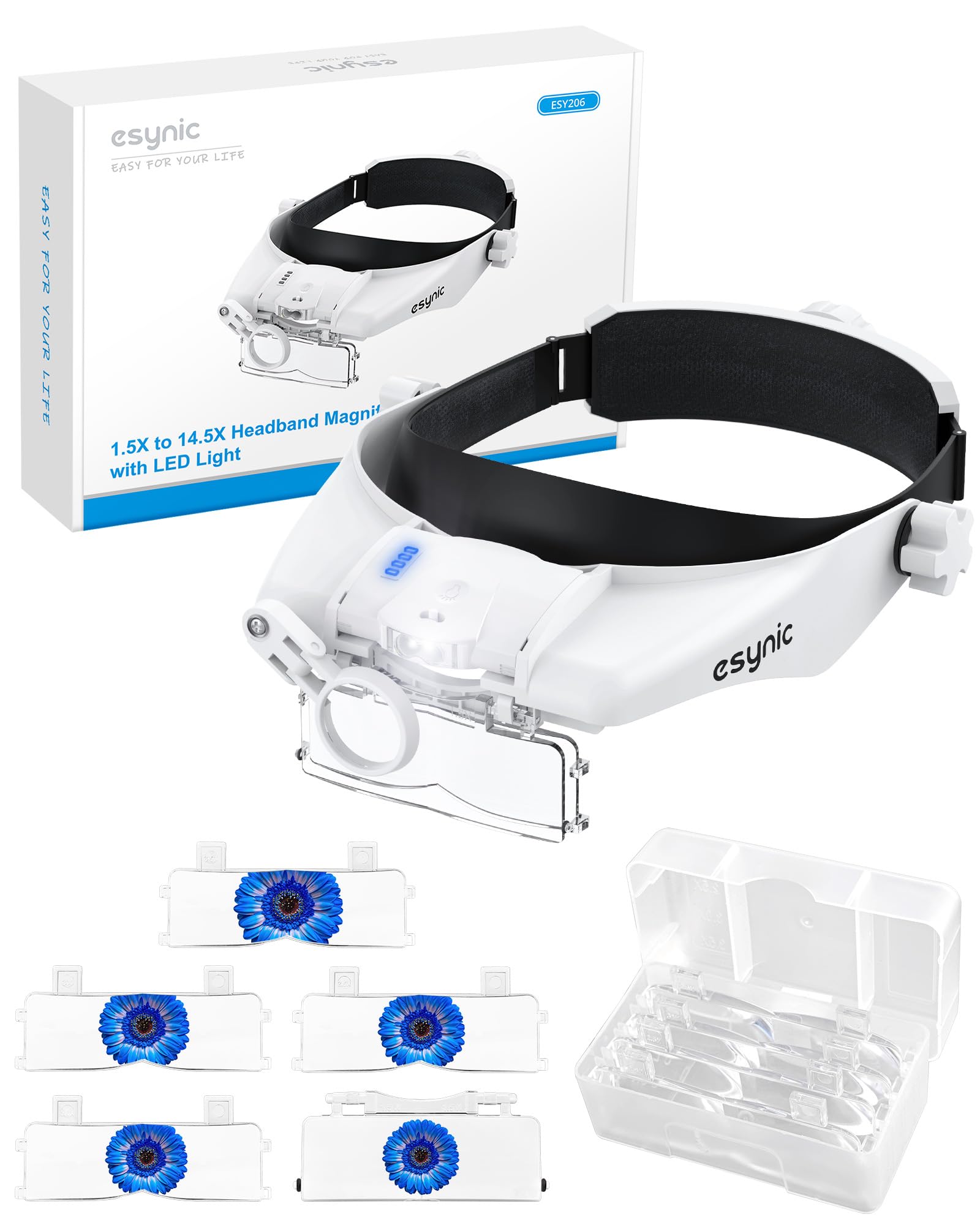 eSynic Kopfbandlupe Kopf Lupenbrille Lupenbrille Headset mit 2-Stufen LED-Licht Upgrade-Kopf Lupe 5 Linsen 8X Lupe Freihändige Aufladbar mit Batterieanzeige für Basteln Lesen Naharbeit