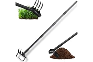 ABTOOL 2 in 1 Weeding Tools Gardening Weed Puller with Long Handle,Stirrup Hula Garden Hoe with 4 Tines Rake,Garden Tiller Cultivator with 62.6" Adjustable Handle for Weeding,Seeding,Ditching,Loosening