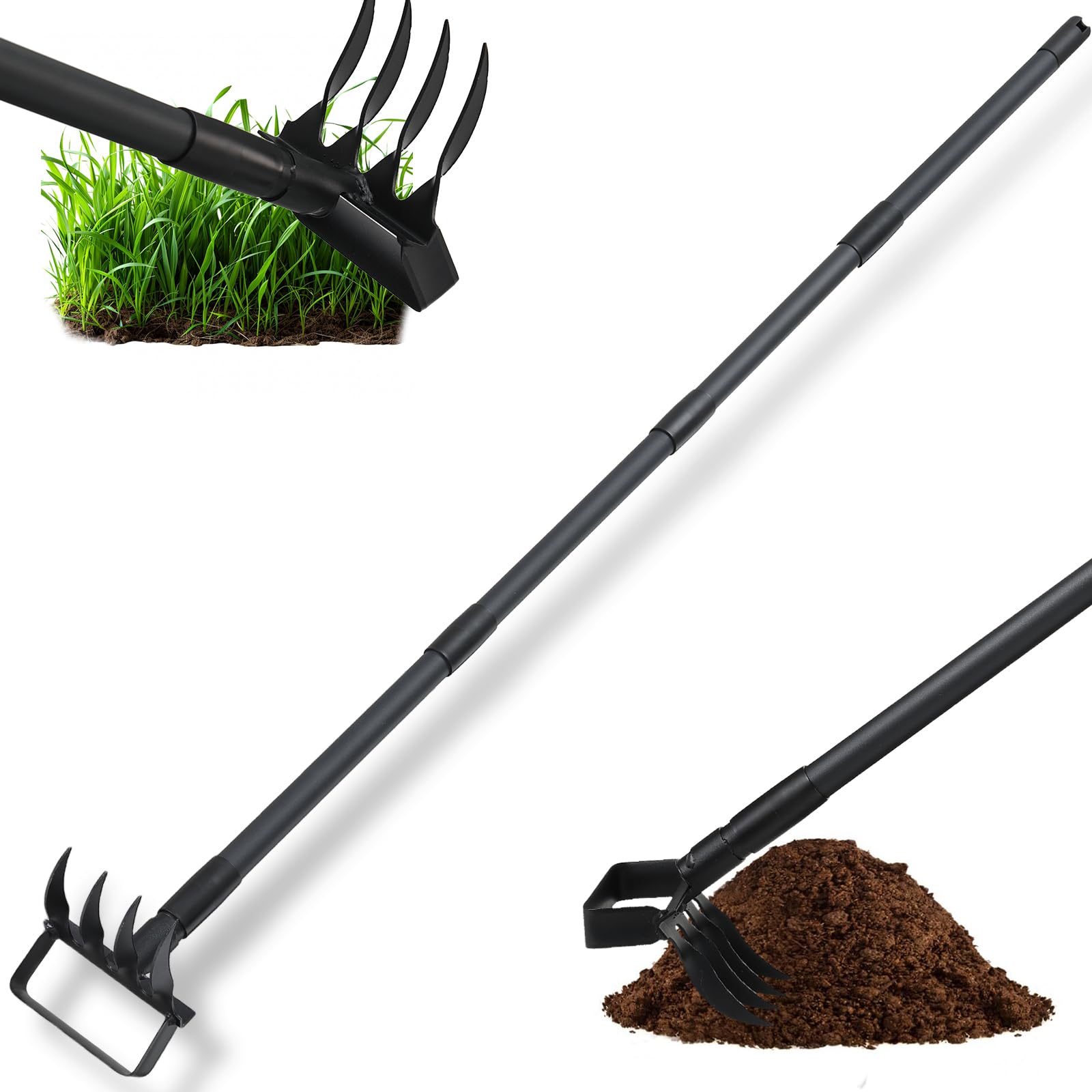 Photo 1 of 2 in 1 Weeding Tools Gardening Weed Puller with Long Handle,Stirrup Hula Garden Hoe with 4 Tines Rake,Garden Tiller Cultivator with 62.6" Adjustable Handle for Weeding,Seeding,Ditching,Loosening