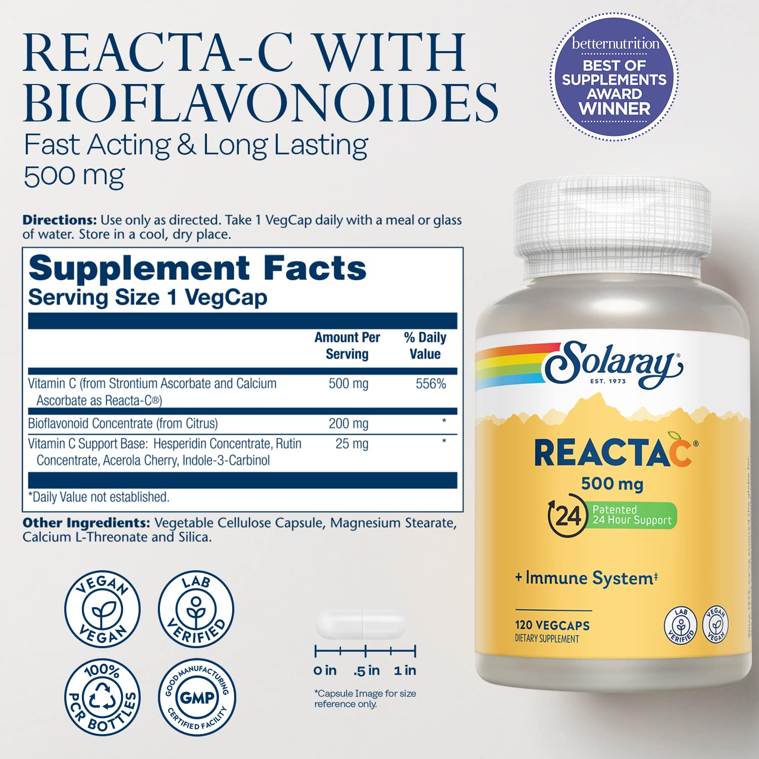 SOLARAY Reacta-C with 500mg Vitamin C, 200mg Bioflavonoid Concentrate, Immune System Defense Vitamins, Patented 24 Hour Immunity Booster Support Supplement, Vegan, 120 Capsules, 120 Servings.