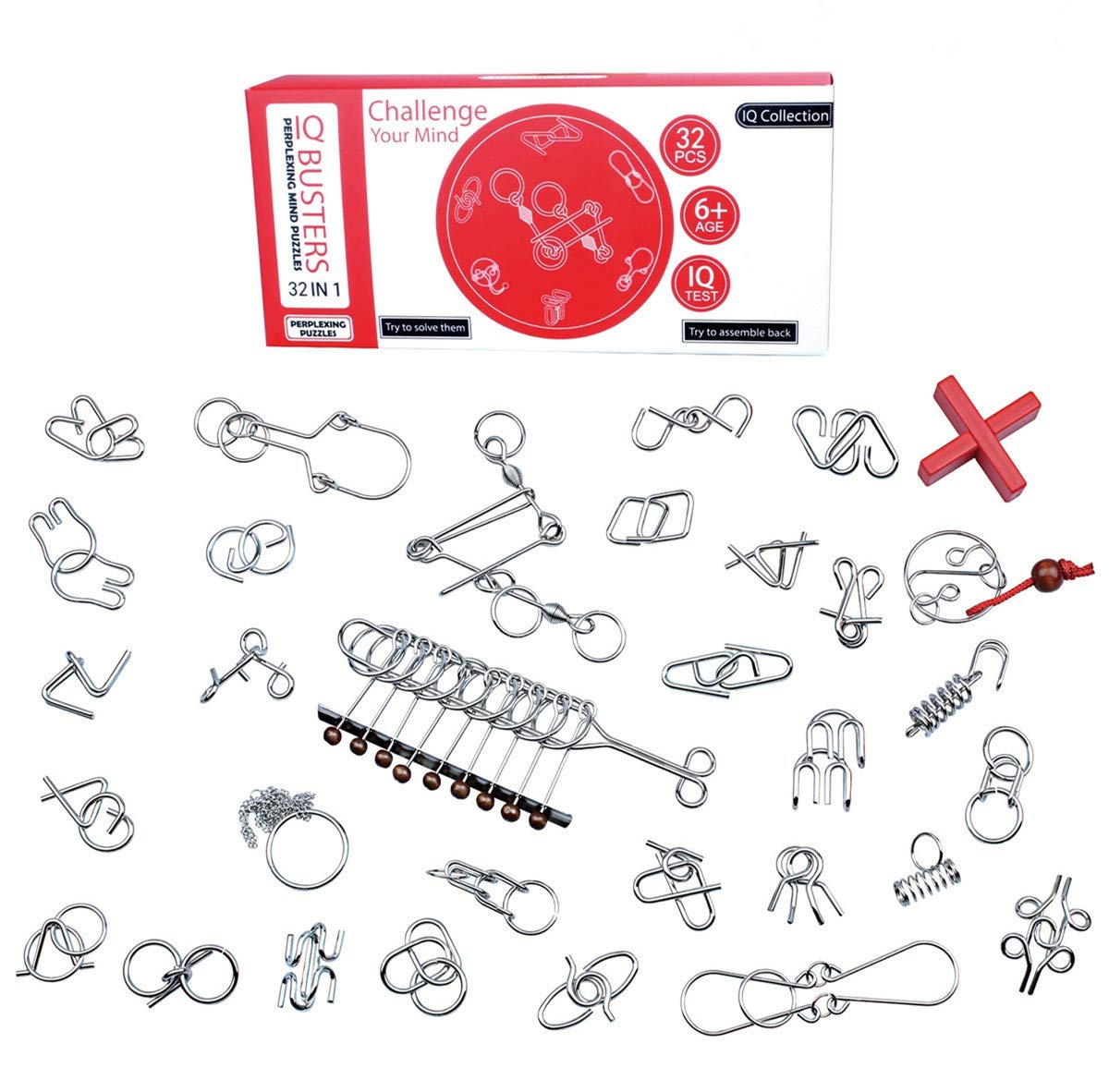 Chonor 32 PCS Mini Brain Teasers Metal Wire Puzzle Set IQ Test Mind Game Logic Educational Intelligence Toy for Adults and Kids