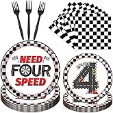 Rakuto Cars 4th Birthday Party Plates and Napkins Set, 96PCS Need Four Speed Birthday Decorations Supplies, Racing Car Fourth Disposable Tableware for Boys