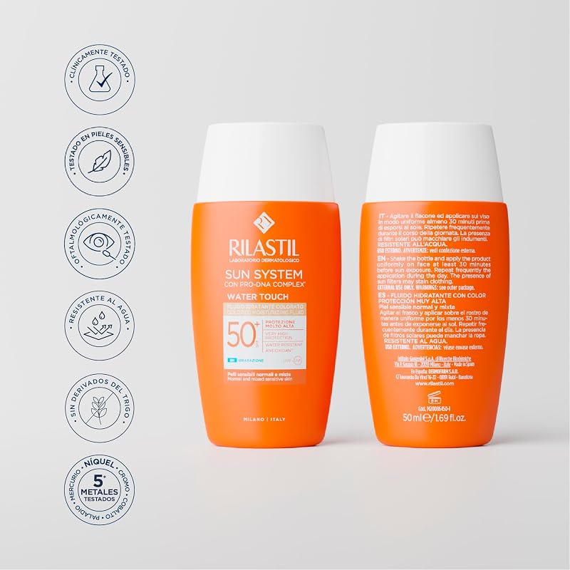 Rilastil Sun System Fotoprotector Water Touch SPF50+ Com Cor, Protetor Solar Facial Leve à Base de Água, Resistente à Água, com Ácido Hialurónico e Vitamina E - 50 ml