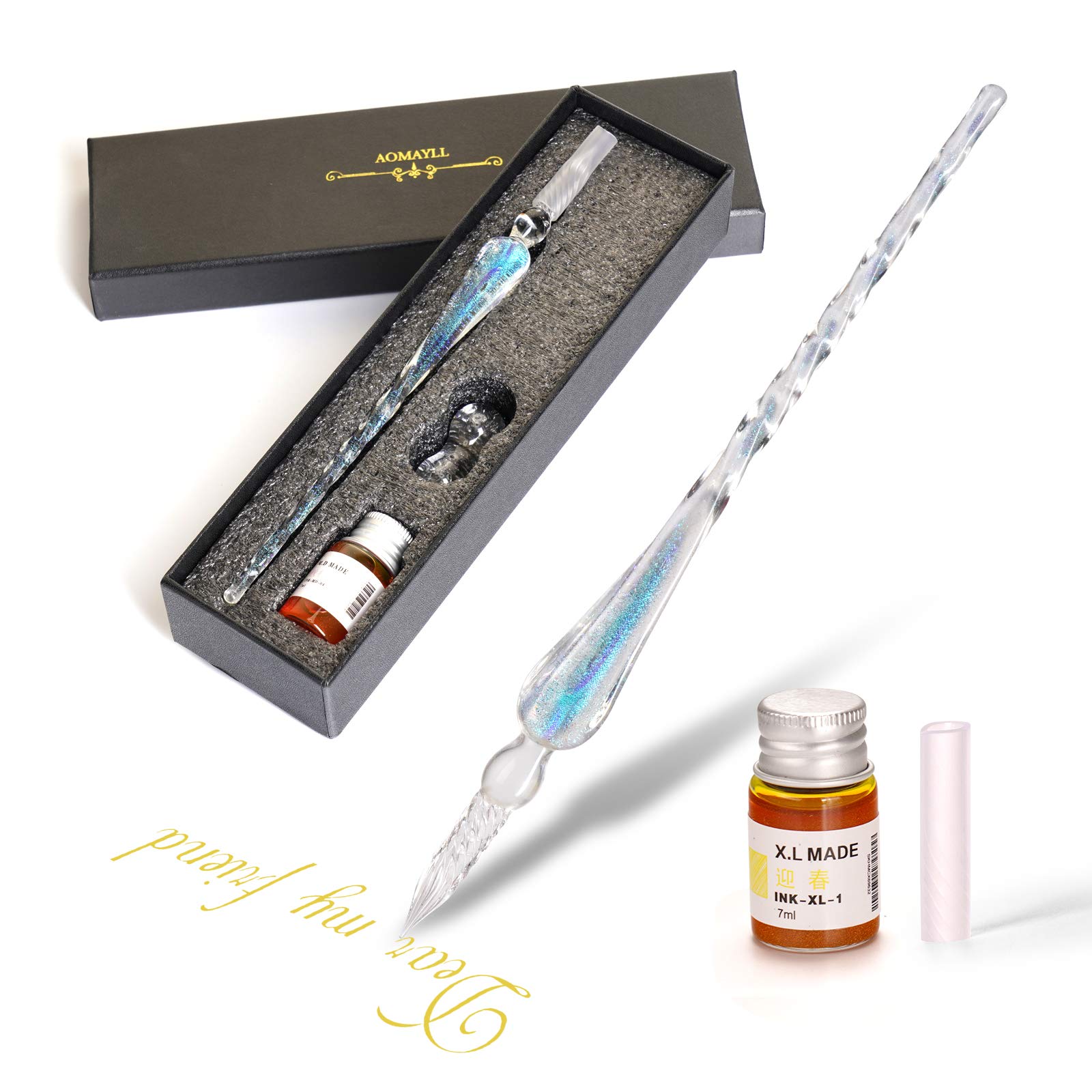 AOKUY Glass Dip Pen Set,Calligraphy Pen,Crystal Signature Pen for Art, Writing, Signatures -Decoration and Business Gift