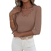 LUXVEER 3/4 Length Sleeve Womens Tops Lace Sexy V Neck Ribbed Knit Fitted T Shirts Dressy Casual Blouses Going Out Tops