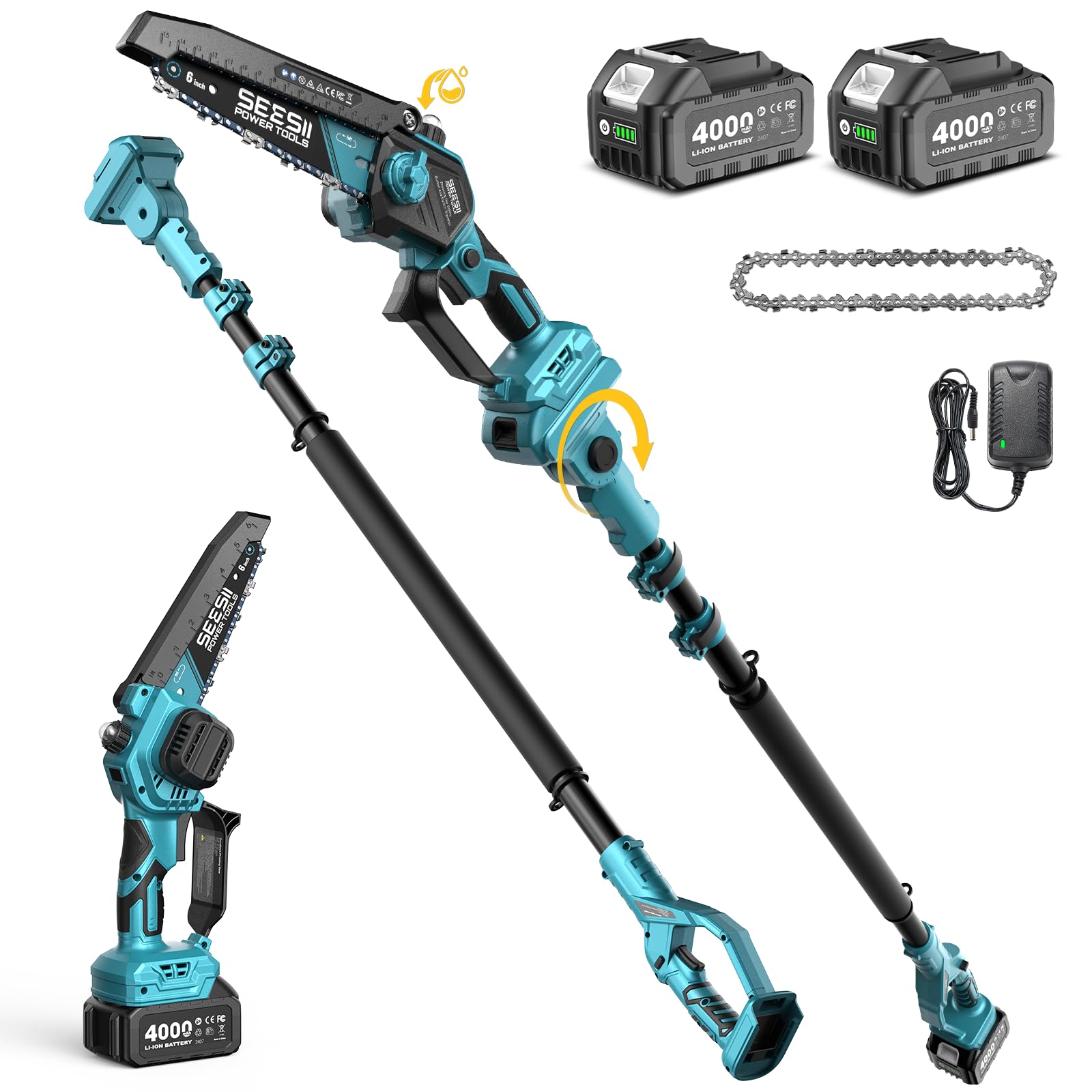SEESII 2-in-1 Electric Pole Saws: Brushless Mini Chainsaw Cordless 6 Inch, 2 x 4000mAh Batteries, Pole Saw for Tree Trimming,Hand held Chain Saw with Extension Pole for Tree Limb Branch Cutter,P6 Ace Image