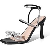ZURIN Women's Rhinestone Bow Heels Square Toe Strappy Heeled Sandals Sparkle Stiletto High Heels Dress Party Evening Prom Crystal Shoes