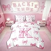 Erosebridal Initial Letter K Bow Bedding Set for Kids Girls Teen Women,Pink Girly Bowknot Bed in A Bag with Sheets Cute Fantasy Princess Twin Comforter Set 7 Piece Kawaii Watercolor Bow Bed Set